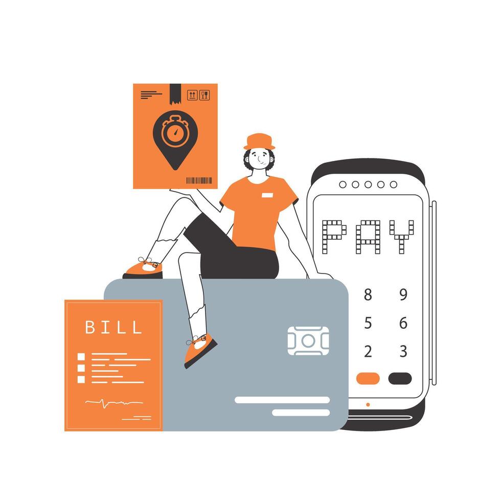A man sits on a bank card and holds a parcel. Parcel delivery concept. Linear trendy style. Isolated on white background. illustration. vector