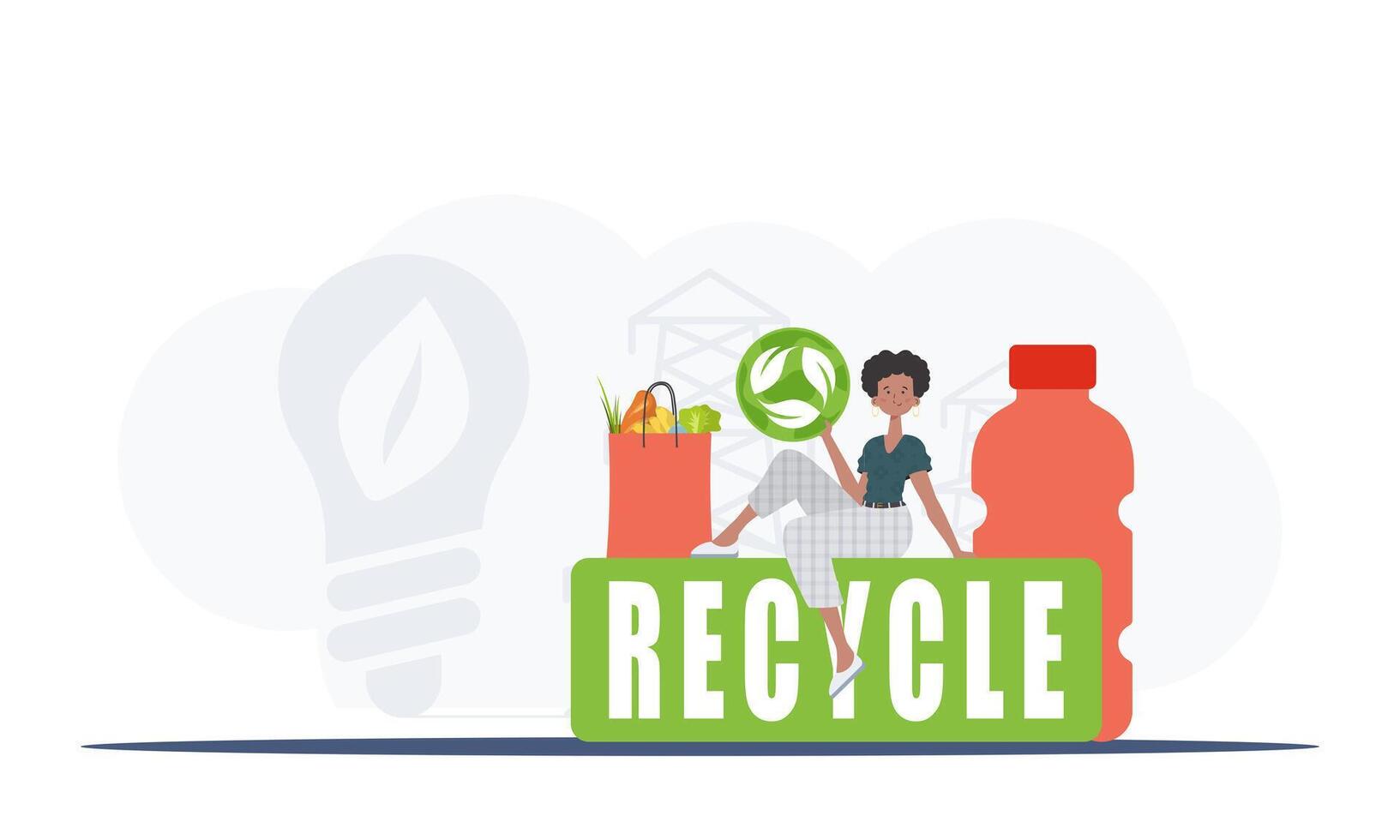 A woman sits next to a package of proper food and holds an EKO icon. The concept of ecology, recycling and green planet. Trend illustration. vector