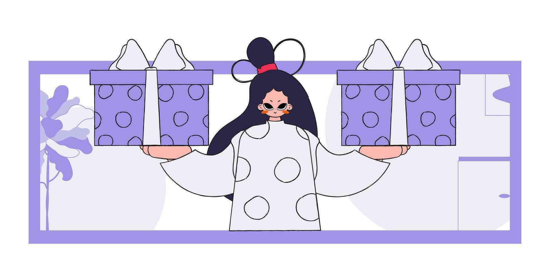 The concept of the holiday and gifts. A woman holds two gifts in her hands. Character in the style of the 80s and 90s. vector