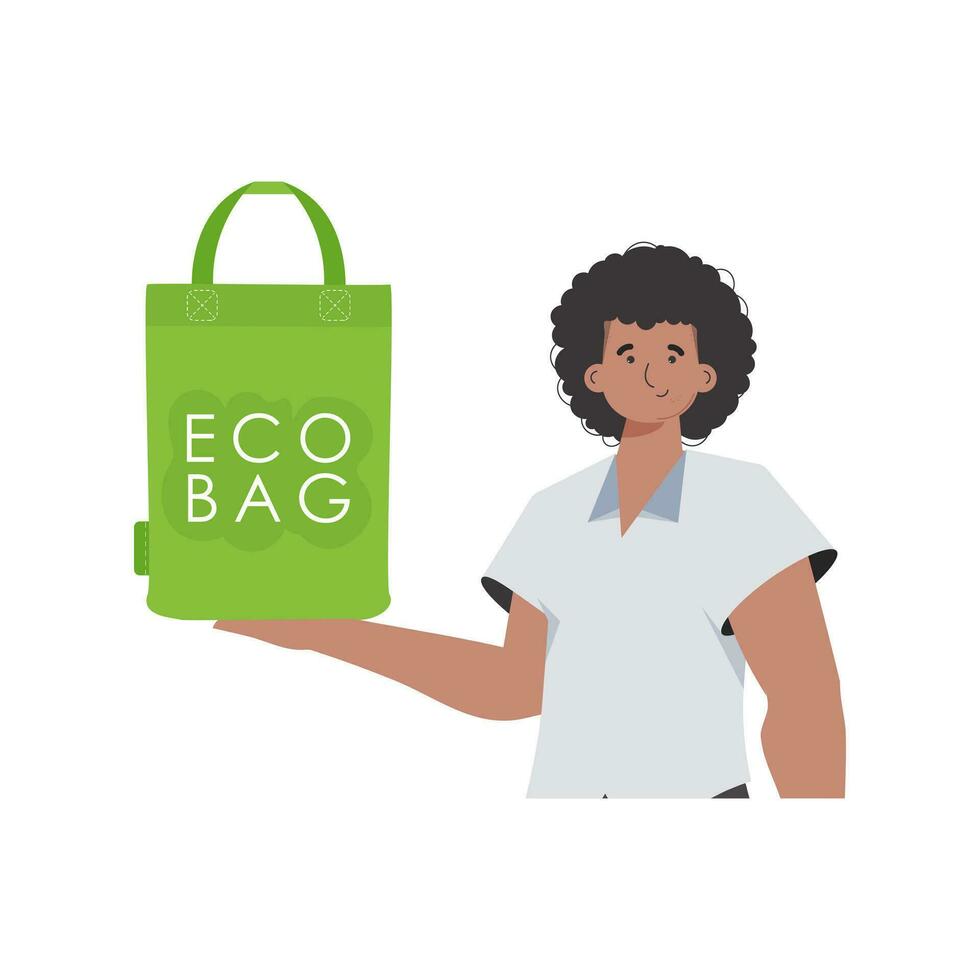 un hombre sostiene un eco bolso en su manos. concepto de verde mundo y ecología. aislado en blanco antecedentes. Moda tendencia ilustración en vector. vector