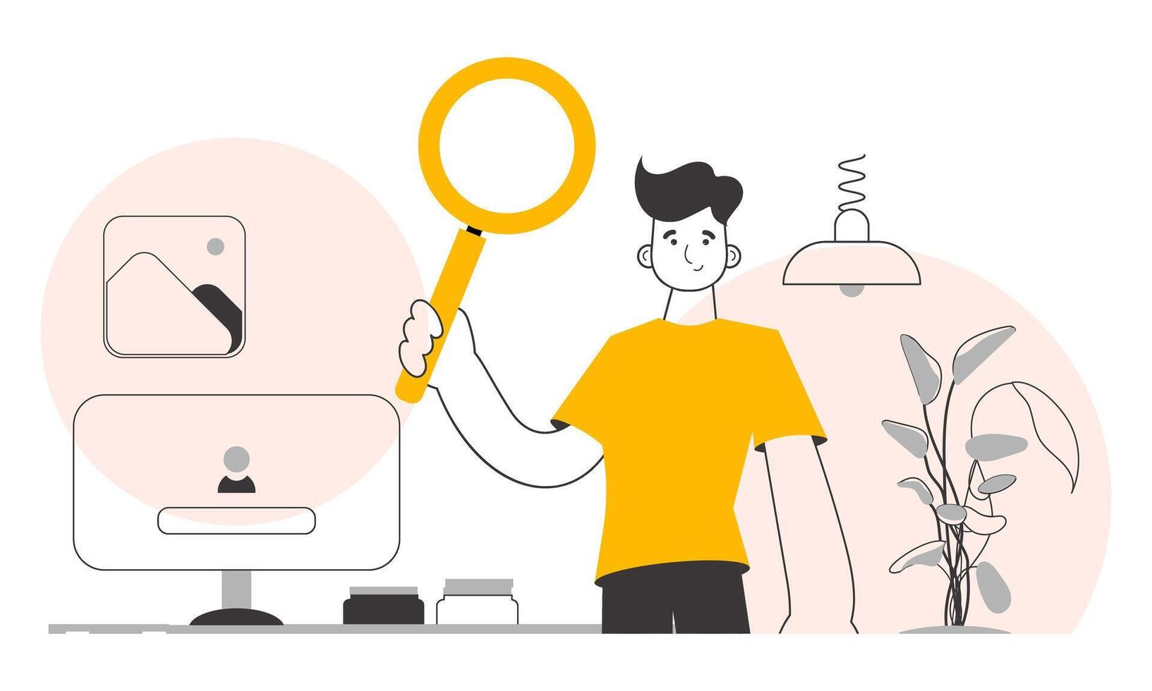 The guy is holding a magnifying glass in his hands. Search concept. Linear trendy style. . vector