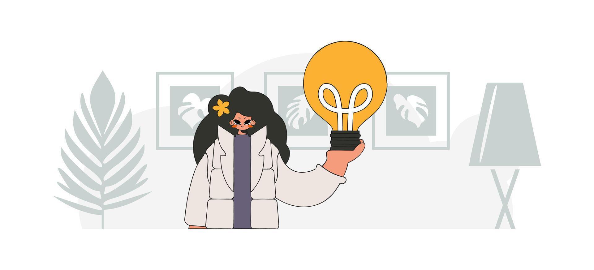 An elegant girl holds a light bulb in her hands. Idea concept. trendy character. vector