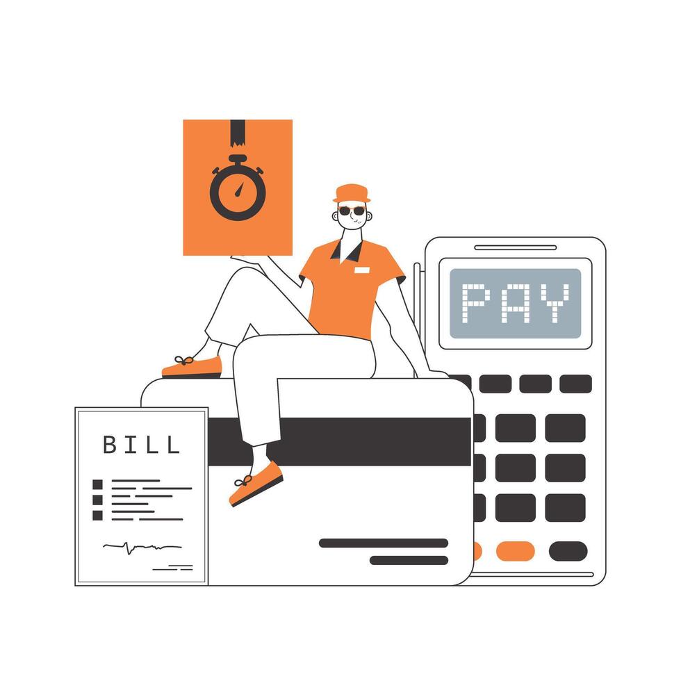 A man sits on a bank card and holds a parcel. The concept of the delivery of goods and parcels. Linear modern style. Isolated on white background. illustration. vector