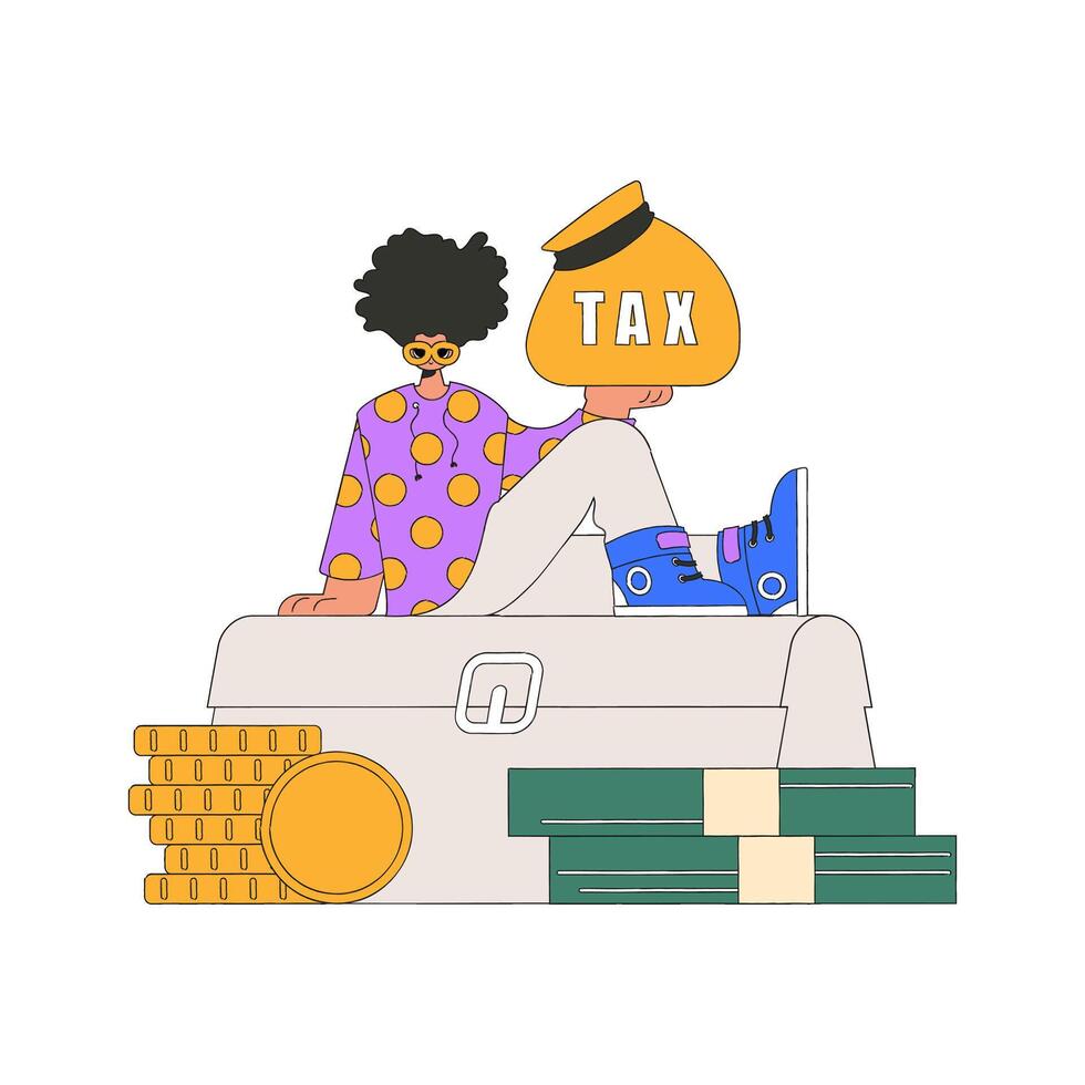 A neat man holds a bag of taxes in his hand. The topic of paying taxes. vector