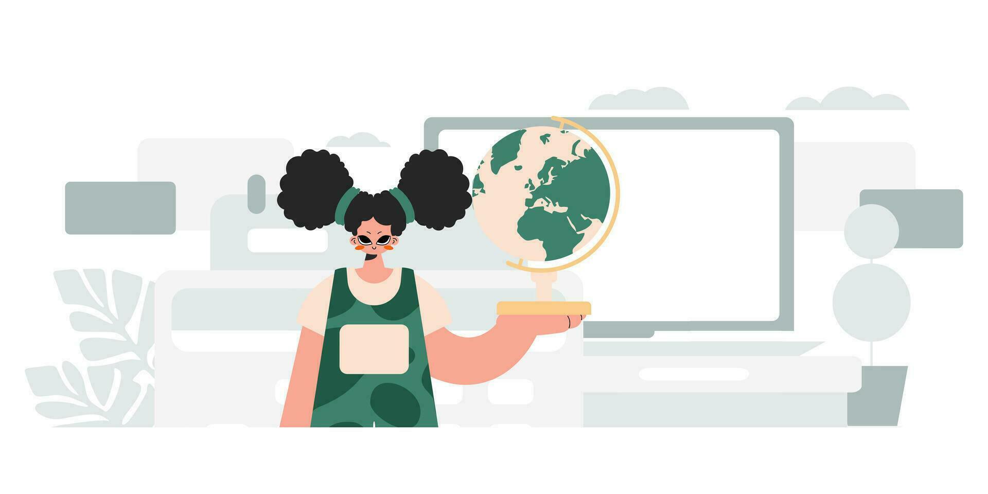 Energized lady holding a colossal globe, learning subject. Trendy style, Vector Illustration