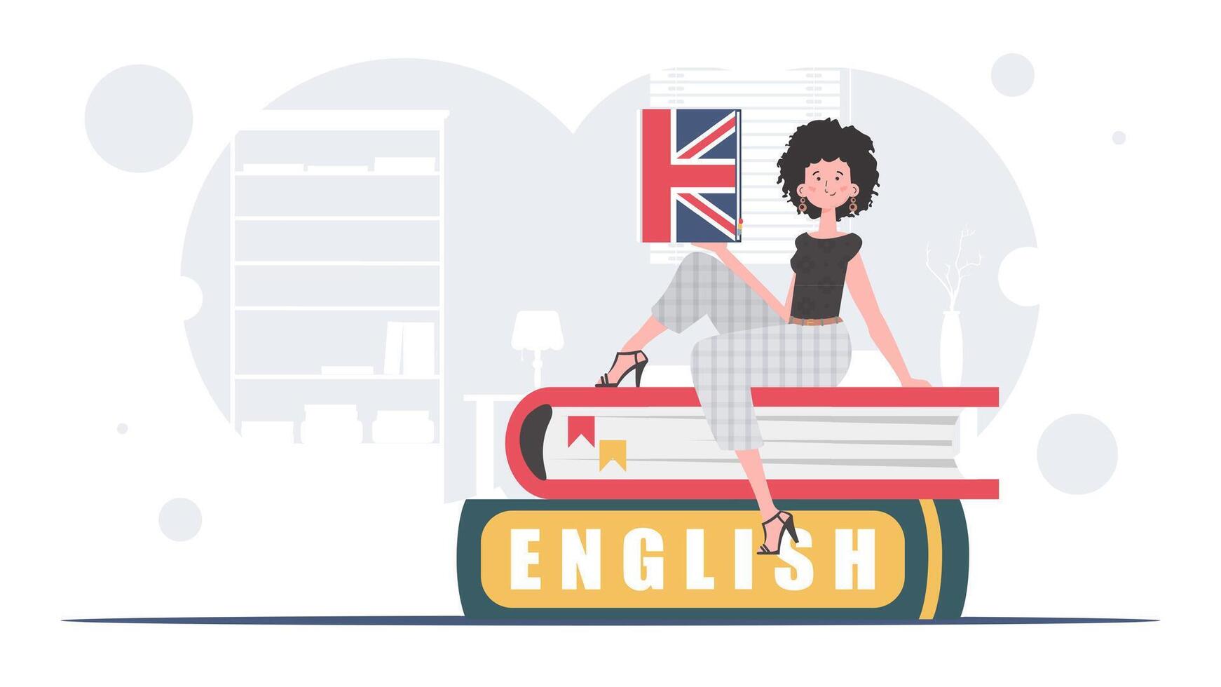 The concept of learning English. A woman sits on books and holds an English dictionary in her hands. Flat modern style. . vector