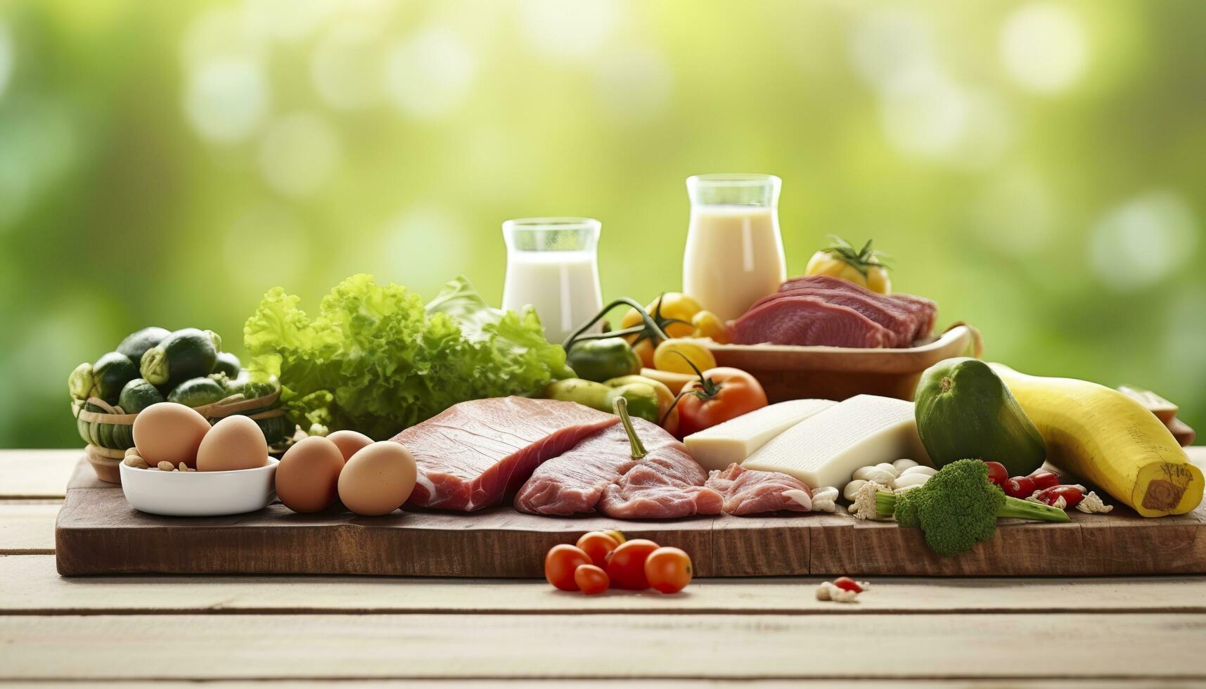 Closeup of vegetables, fruits, and meat on wooden table over green natural background. Generative AI photo