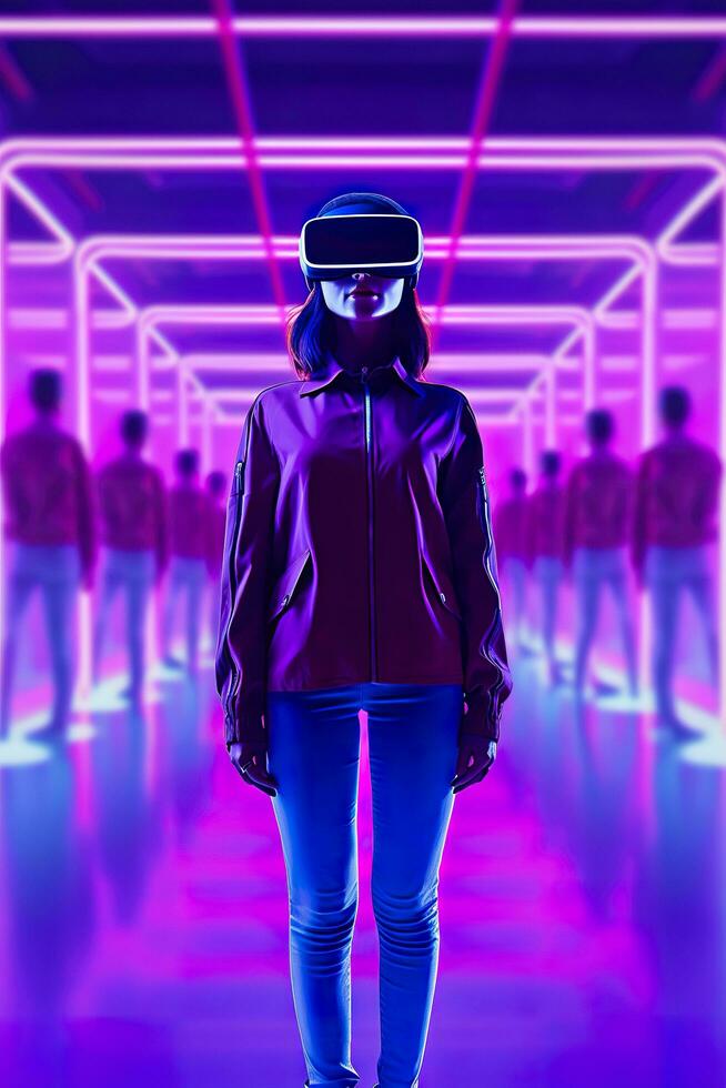 A young Asian woman is using a virtual reality headset. Neon light studio portrait. Concept of virtual reality, simulation, gaming, and future technology.  AI Generative photo