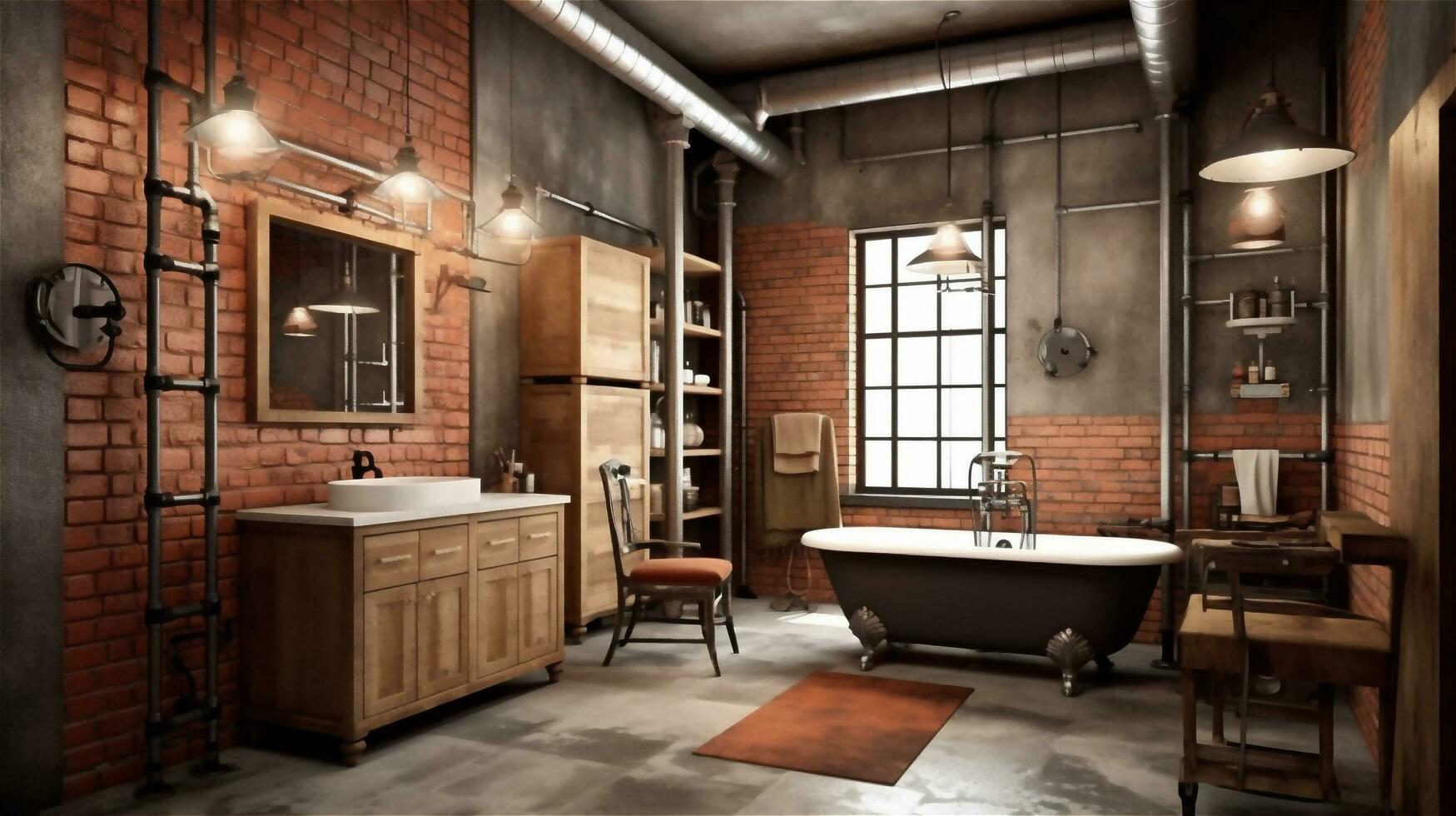 Generative AI, Rustic Industrial Bathroom Design photo