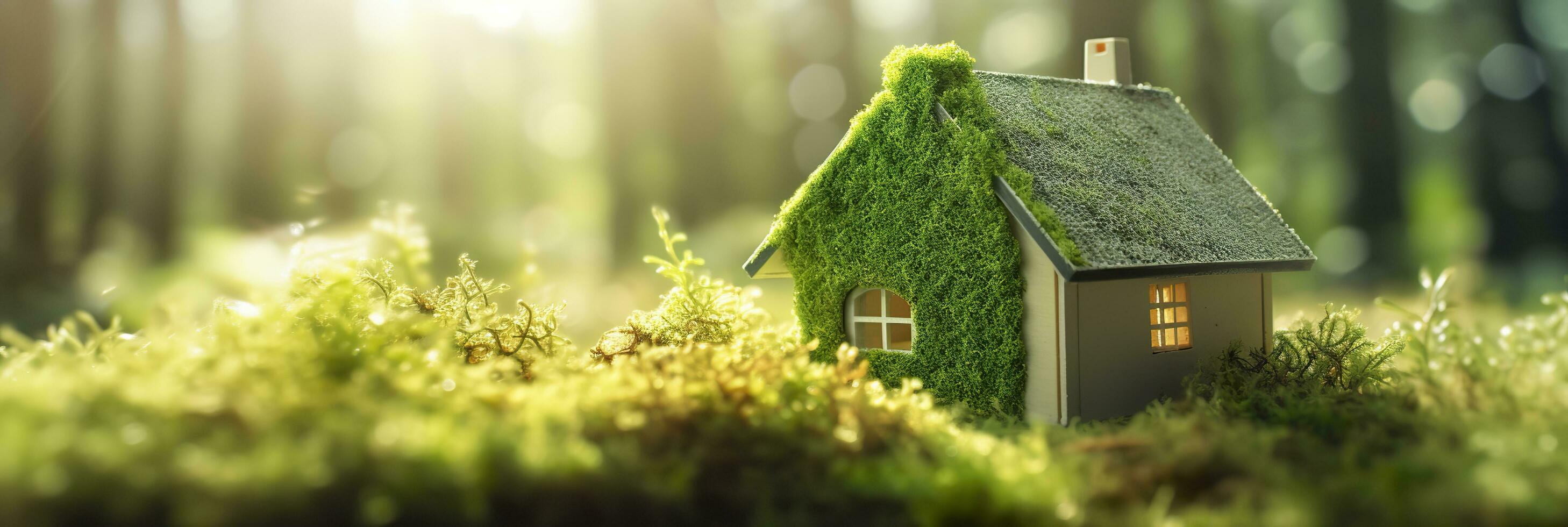 Eco house. Green and environmentally friendly housing concept. Miniature wooden house in spring grass, moss and ferns on a sunny day. AI Generative photo