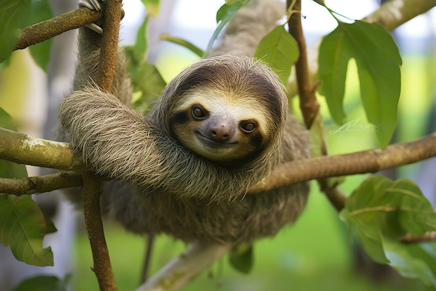 bebé perezoso en árbol en costa rico generativo ai foto