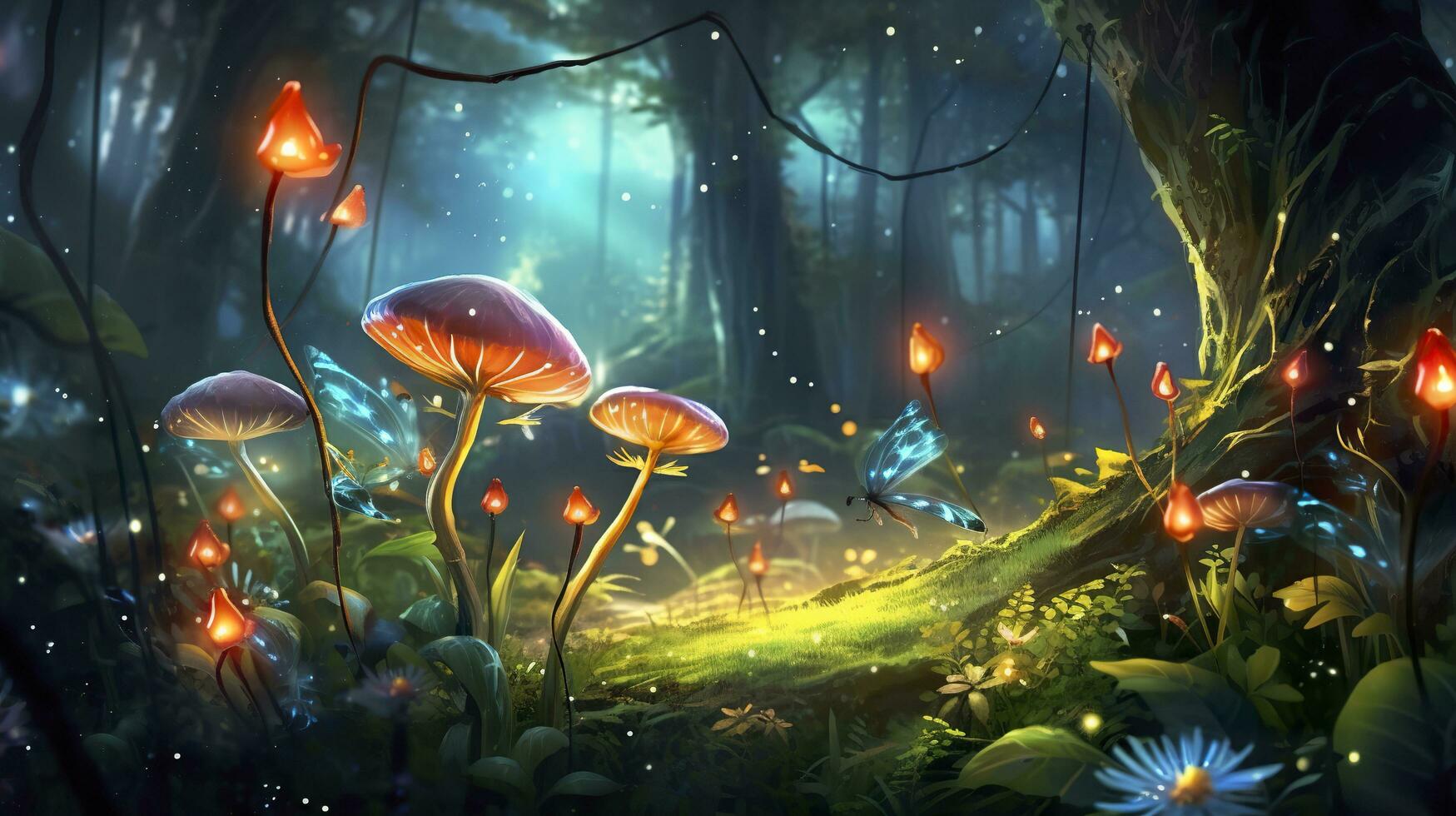 background fairy wood with a single path, zoom on a small portion of the path and add trees, moss, fireflies and mushrooms as additional decorations. AI Generative photo