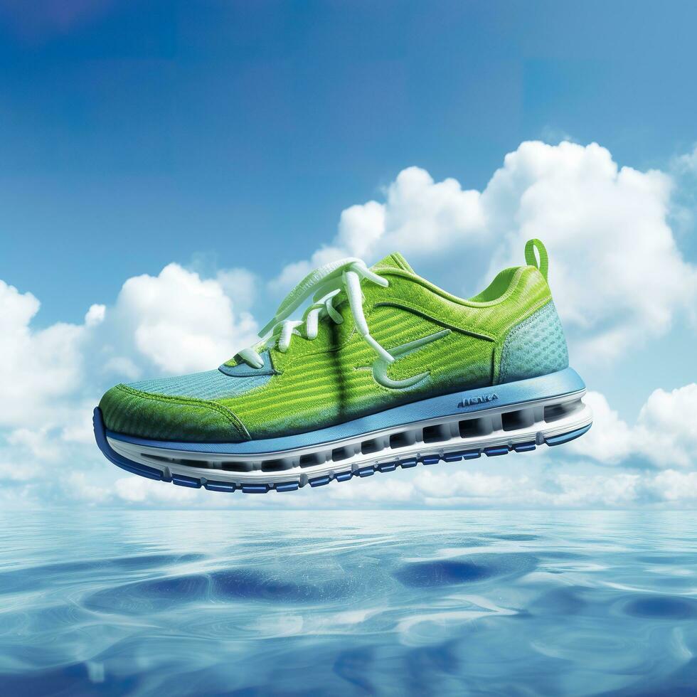 Close up  green sports shoes on a blue sea level with blue sky and white clouds bright light background. Creative advertisement. AI Generative photo