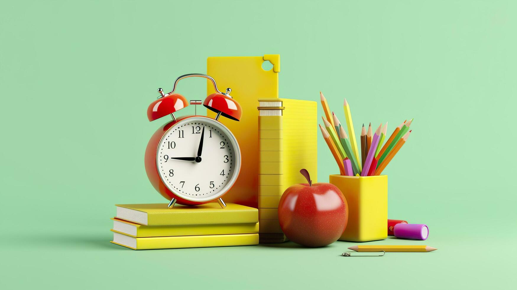 Pop art illustration of School accessories with apples, books, and an alarm clock on the School background. Back to school concept. 3D Rendering, AI Generative photo
