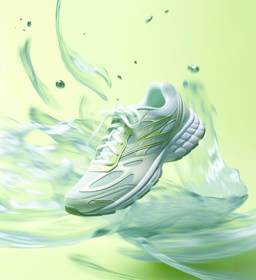 Fresh fly running shoes in water and wind in the style of natural patterns light white and light indigo ethereal illustration light blue and light green delicate still life. AI Generative photo