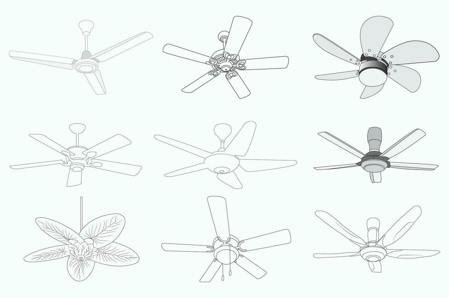 Electric ceiling fan with a realistic abstract art concept, isolated on a white background and fixed to a roof. vector