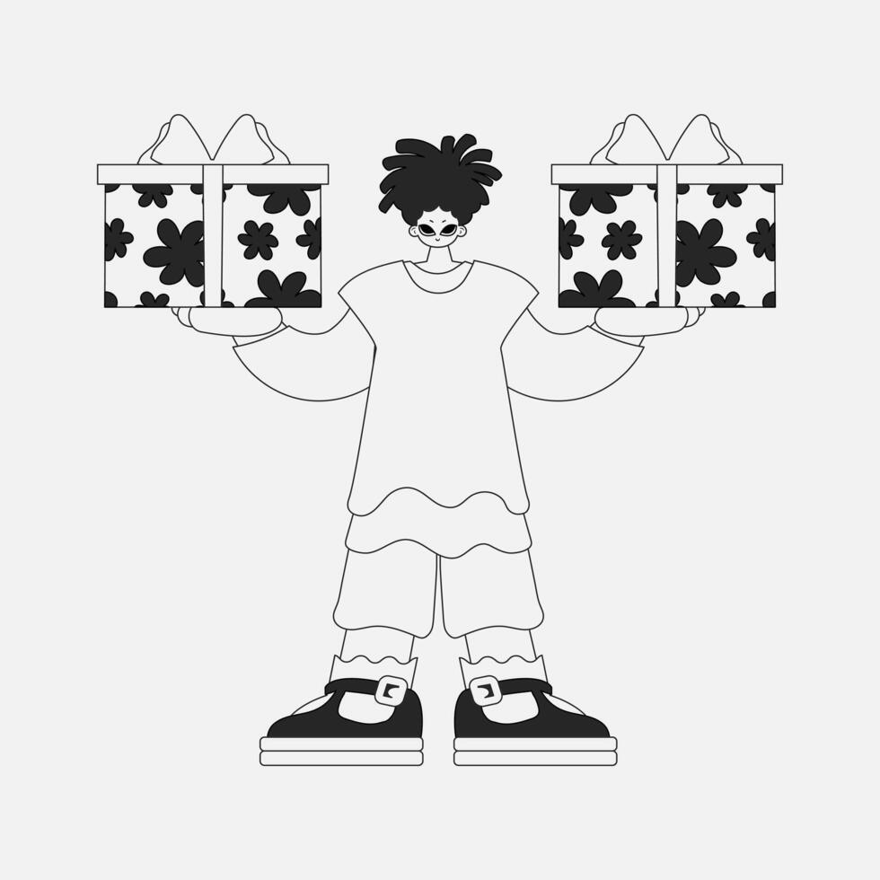 A unique man is holding a gift box. Black and white style. vector