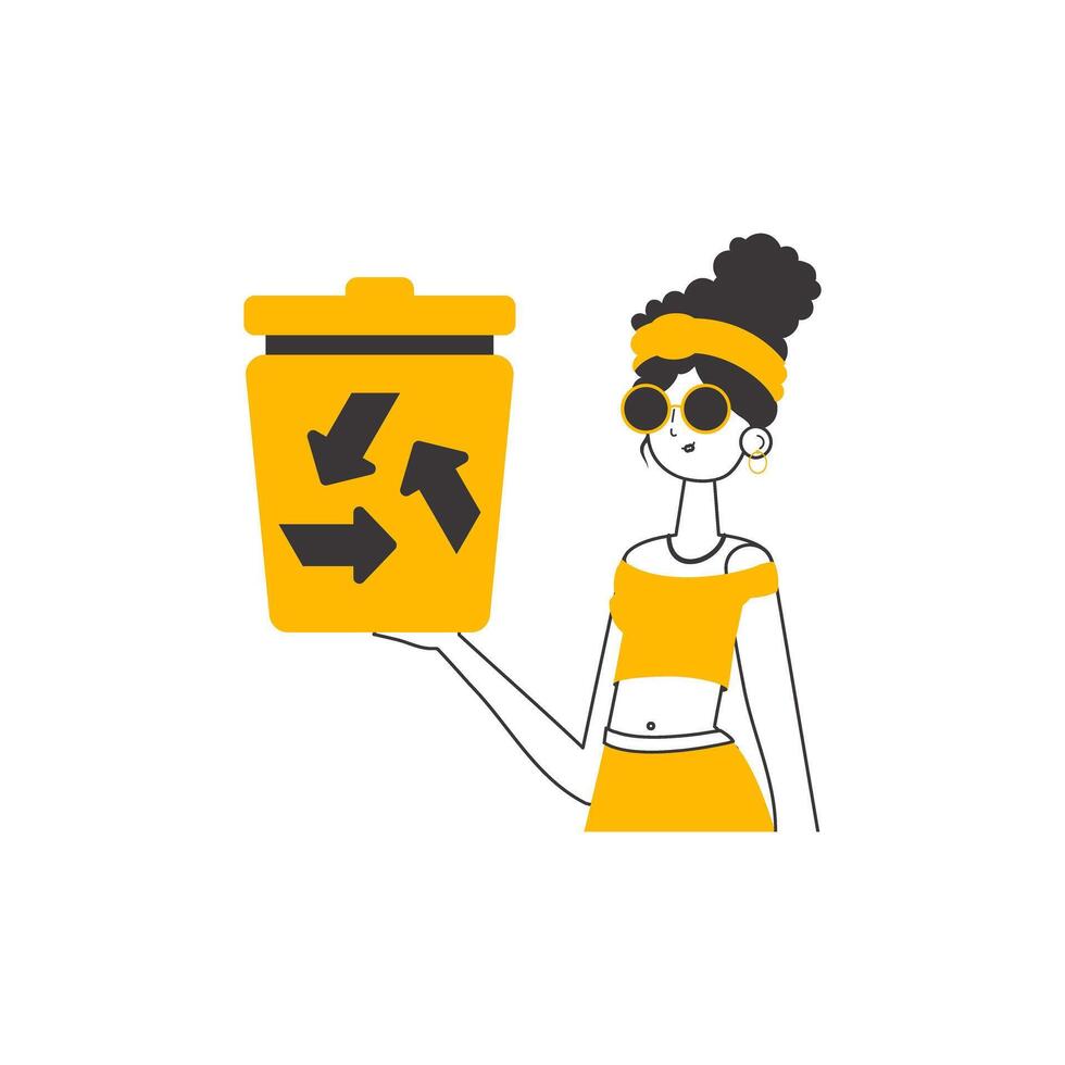 The girl is holding a trash can. Waste recycling concept. Linear style. Isolated on white background. illustration. vector