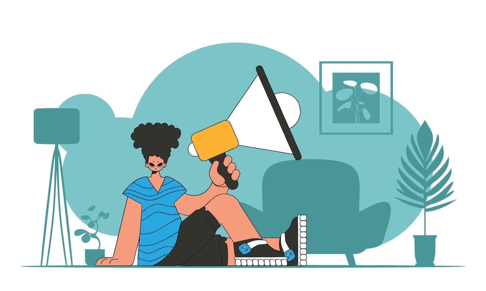 illustration of a human resources specialist. Stylish guy sits on the floor and holds a megaphone. vector