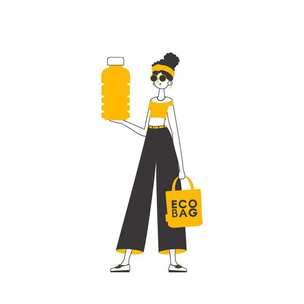 The girl holds in her hands an eco bag and a bottle made of biodegradable plastic. The concept of ecological products. Linear trendy style. vector