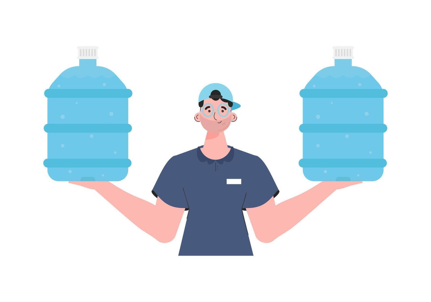 A man is holding a bottle of water. Delivery concept. The stylish character is depicted to the waist. Isolated. . vector