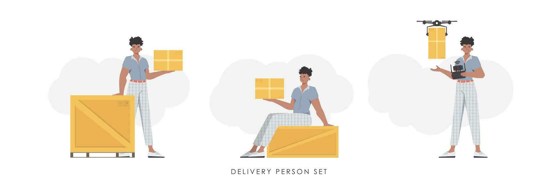 A set of a man with a box and a parcel. Delivery concept. trendy style. Vector. vector