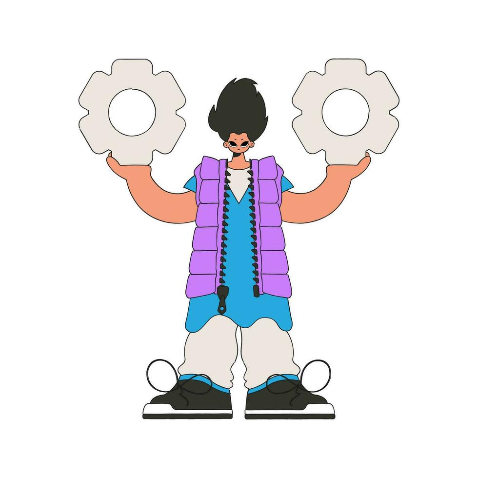 Presentable Guy holds gears in his hands. Idea theme. vector