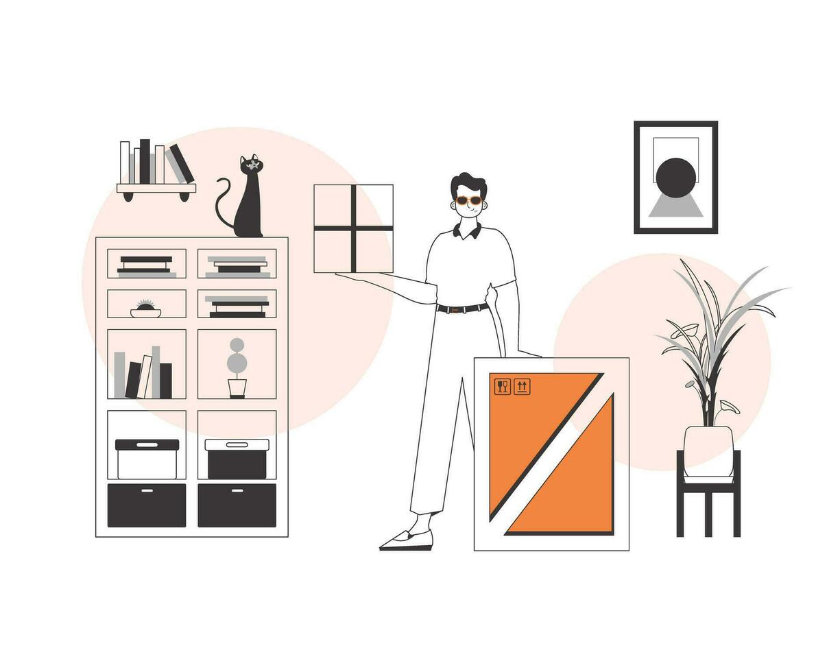 The guy is holding a package. The concept of the delivery of goods and parcels. Linear style. vector