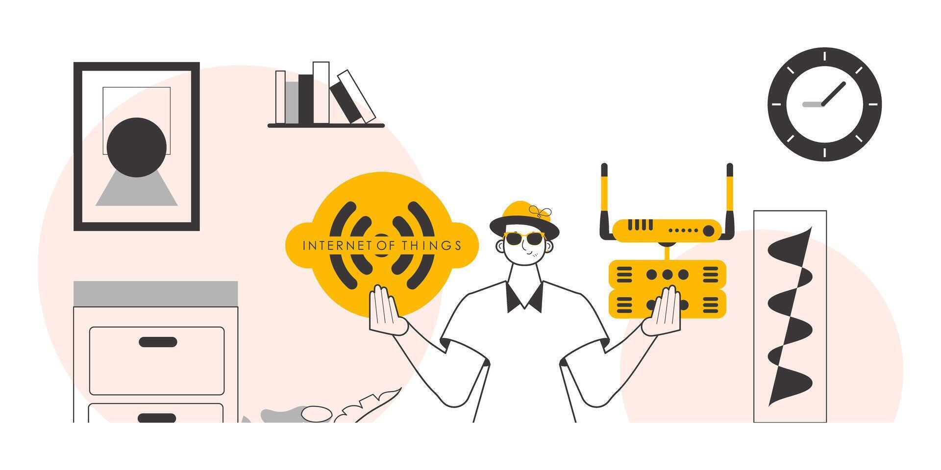 The guy holds the IOT logo in his hands. Linear modern style. . vector