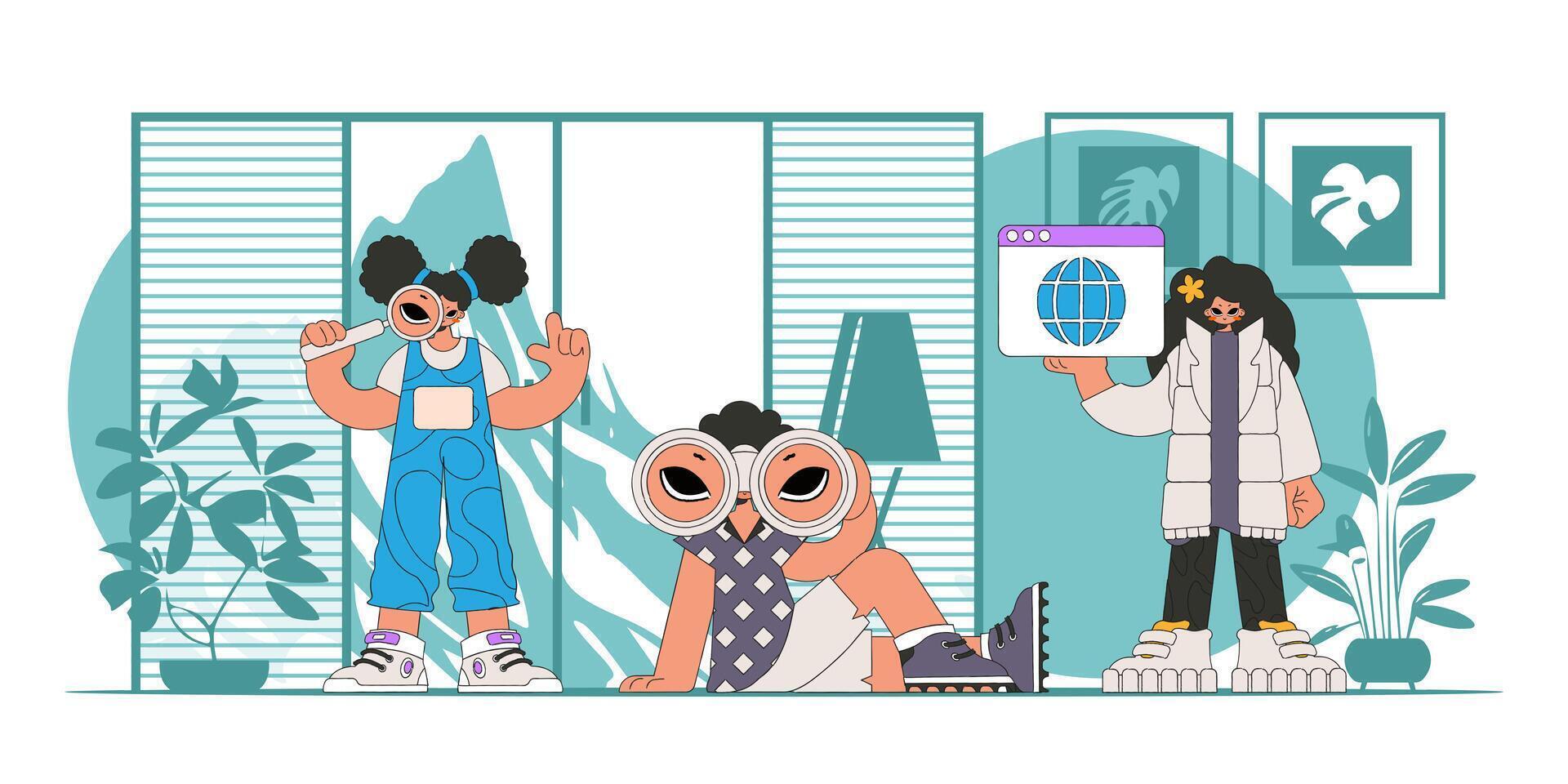 The team is looking for information. Bright and stylish illustration, Marketing materials. vector