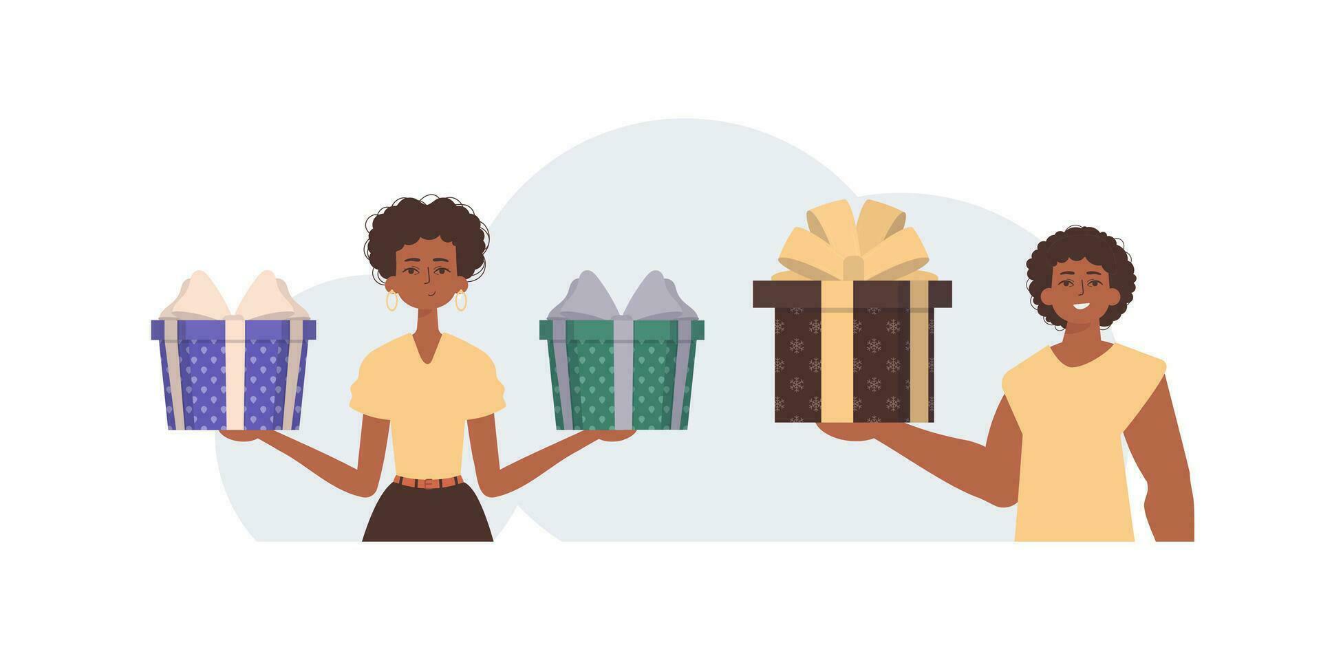 el chico y el niña son participación regalo cajas en su manos. Navidad regalo concepto. vector