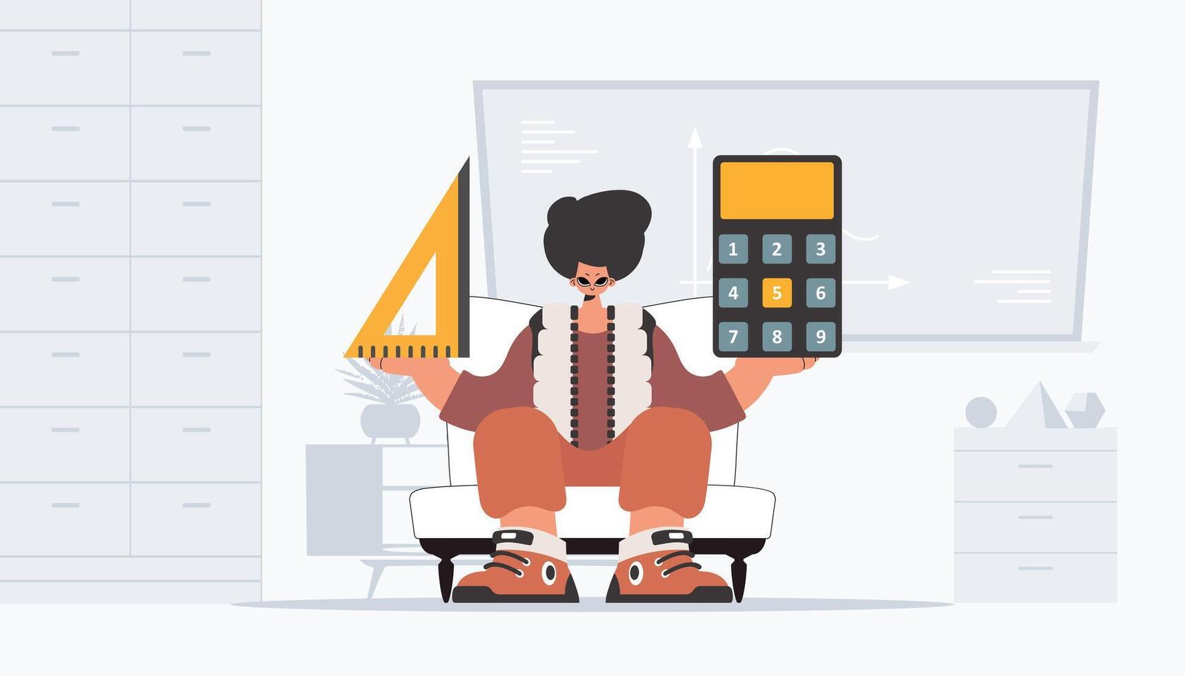 The fellow is holding a ruler and a calculator, learning subject. Trendy style, Illustration vector