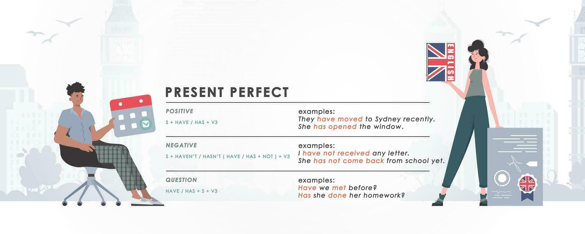 Present perfect. Rule for the study of tenses in English. The concept of learning English. Trendy character cartoon style. Vector illustration.