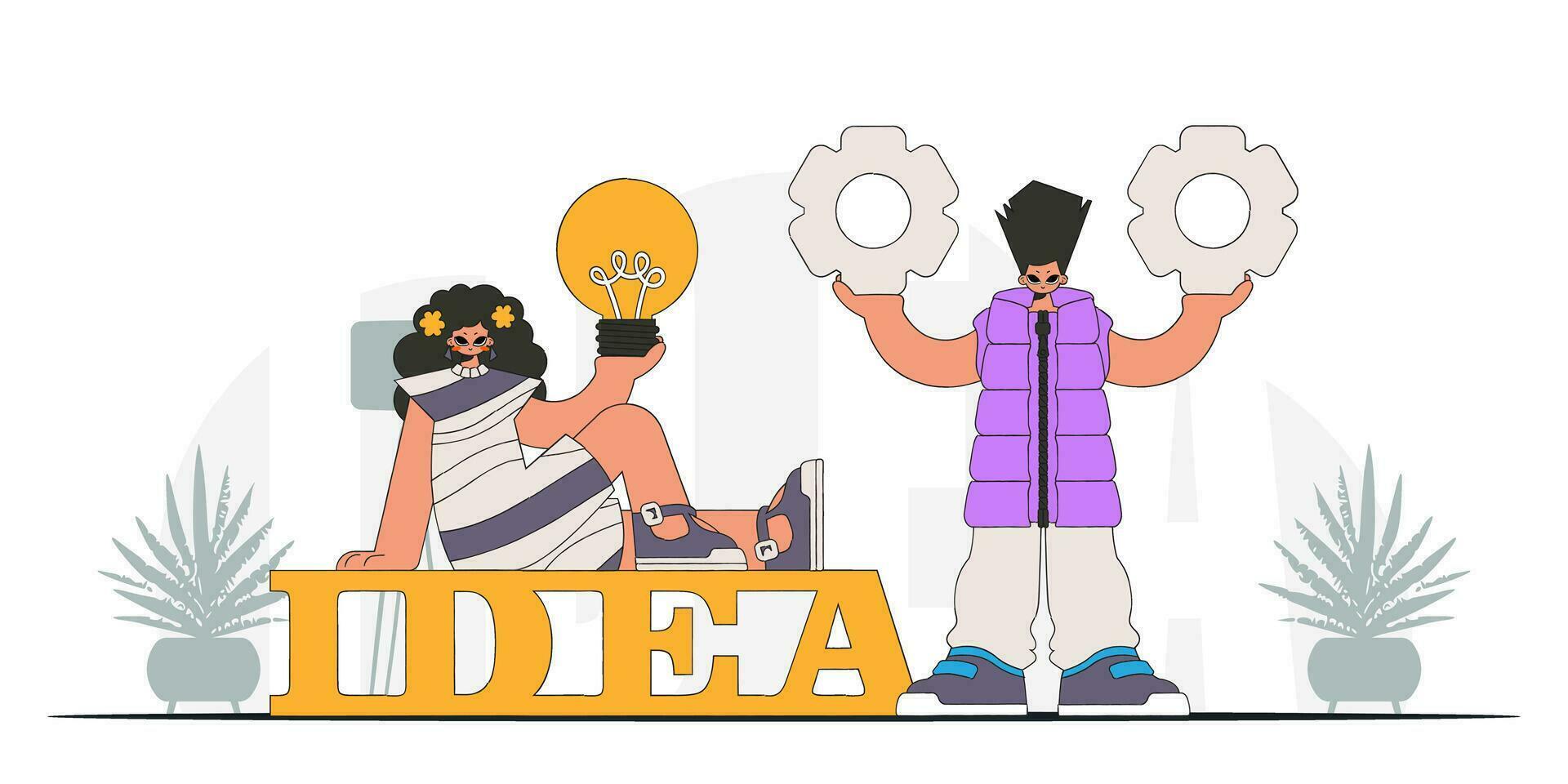 A chic team generates ideas and solves problems. Light bulb and gears in their hands. Idea theme. Retro trendy style. vector