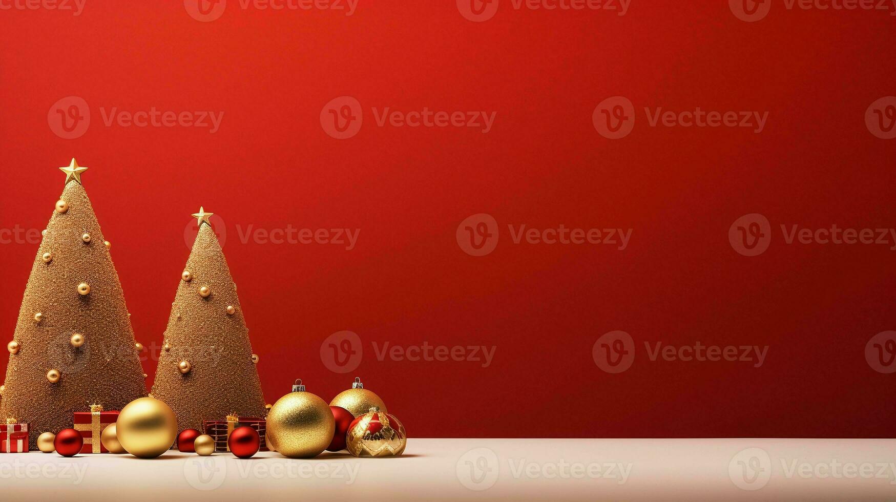 Festive Christmas Decorations and Tree. Minimalist Red Background, Joyful Holiday Atmosphere photo