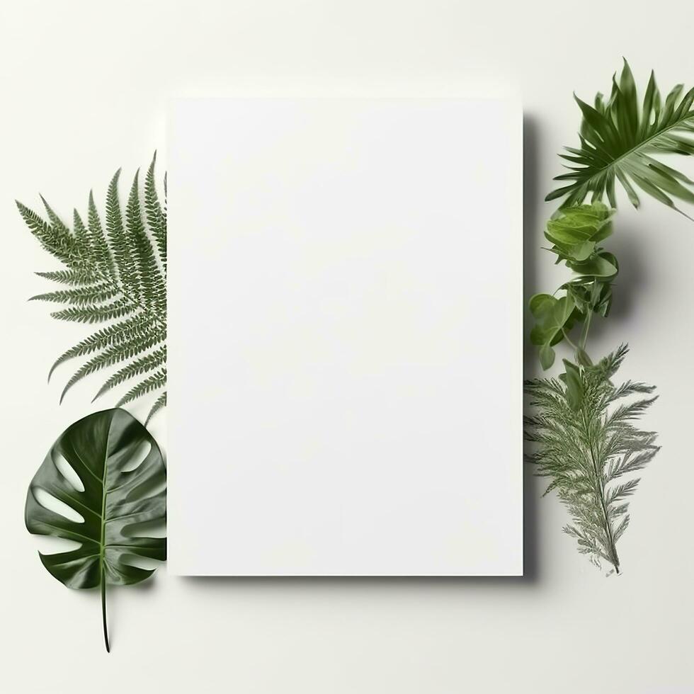 Frame with leaves.  Summer tropical leaves and blank frame with copy space on white background. Generative AI photo