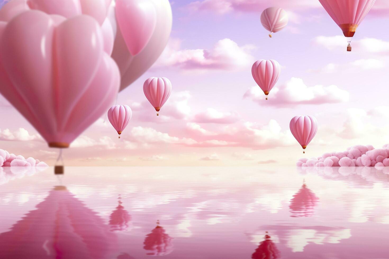 Bright pink ethereal cloudy landscape, hearts, roses, balloons, and wedding concept. Generative AI photo