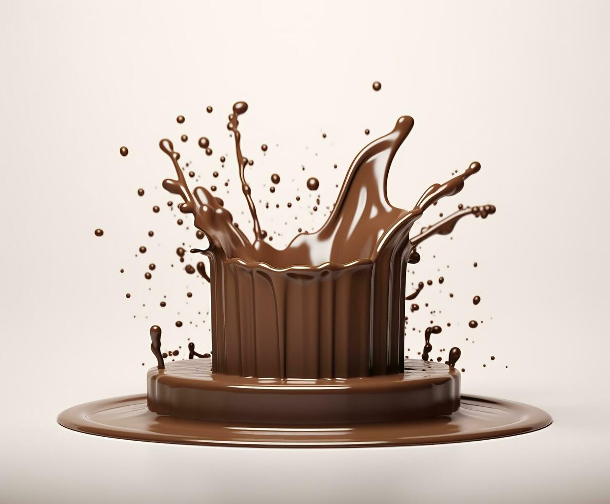 Chocolate splash with a podium, mockup background for milk product display, 3d. Generative AI photo