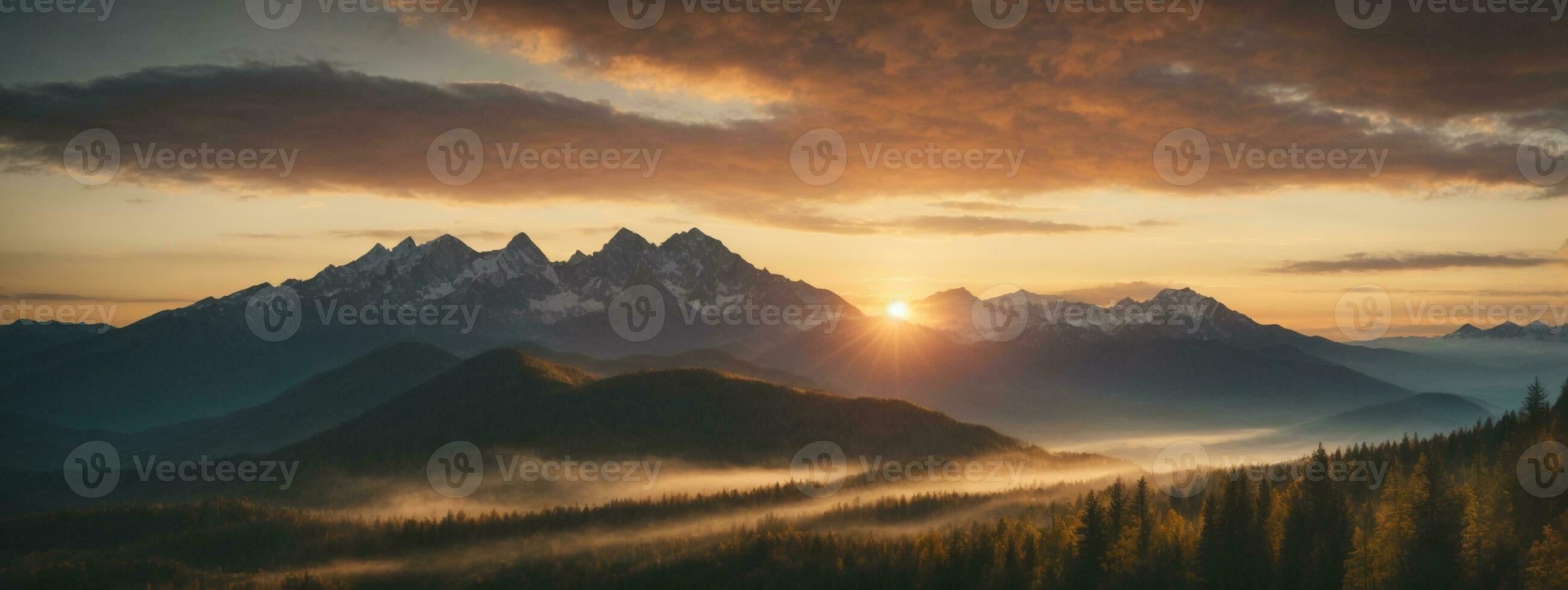 puesta de sol montañas. ai generado foto