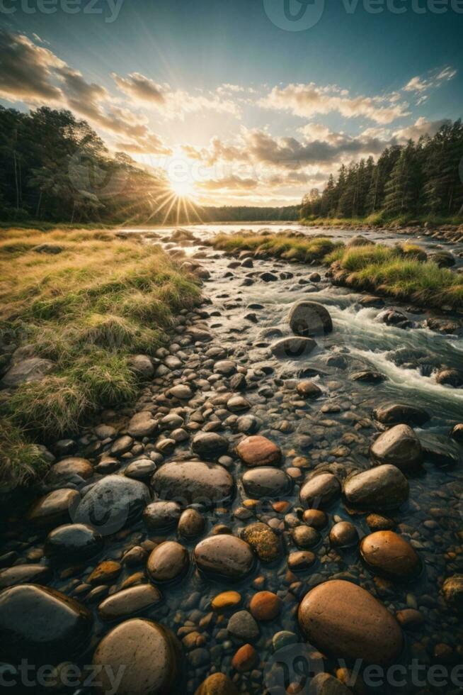 bosque río con piedras en costas a puesta de sol. ai generado foto