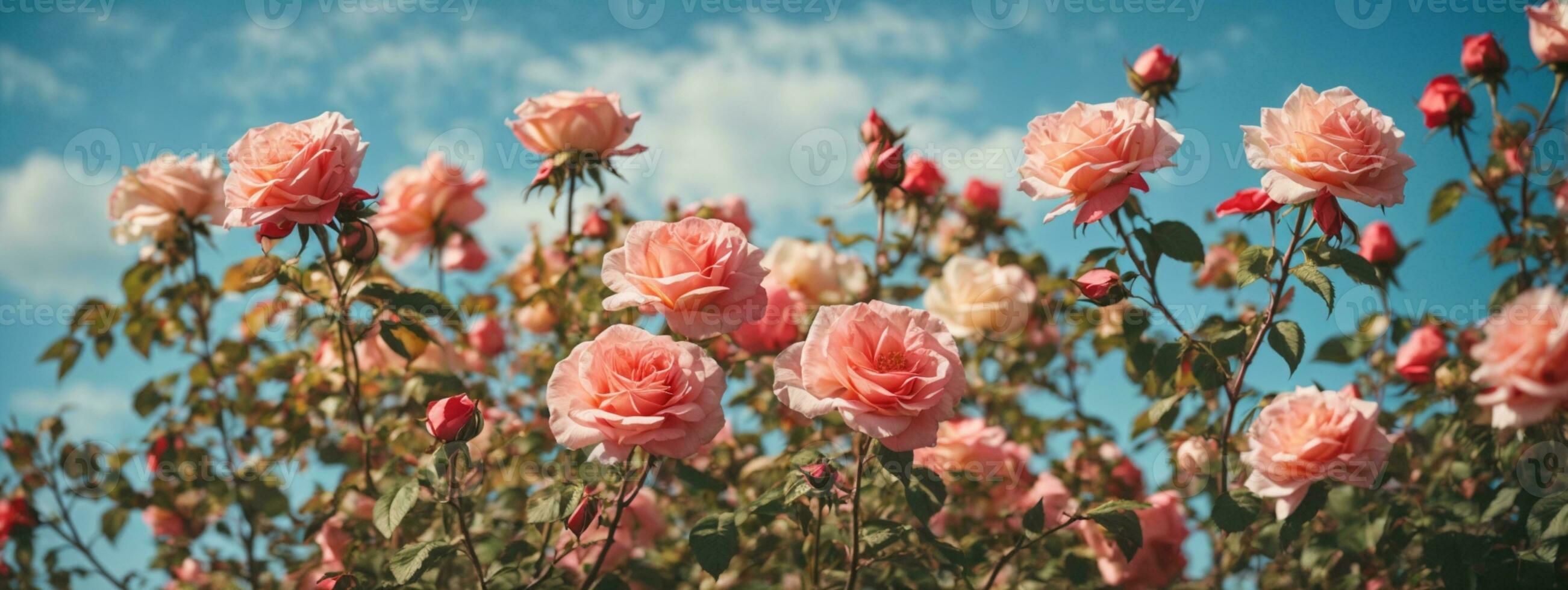 hermosa primavera borde, floreciente Rosa arbusto en un azul antecedentes. floración Rosa caderas en contra el azul cielo. suave selectivo enfocar. ai generado foto