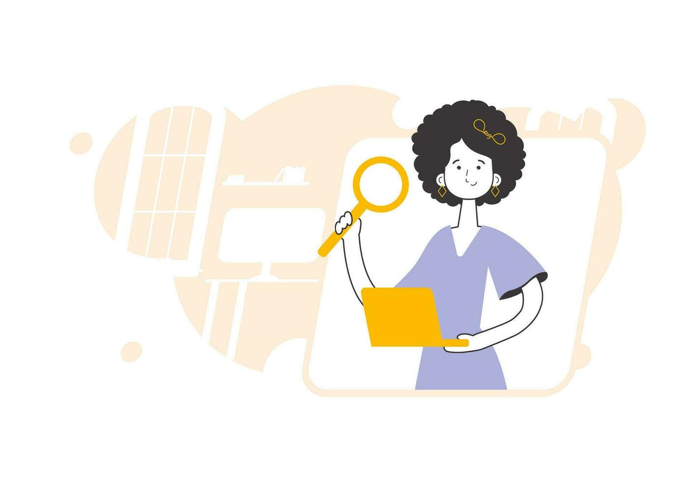 The girl holds a magnifying glass and a laptop in her hands. Job Search Theme. H.R. Linear style. vector