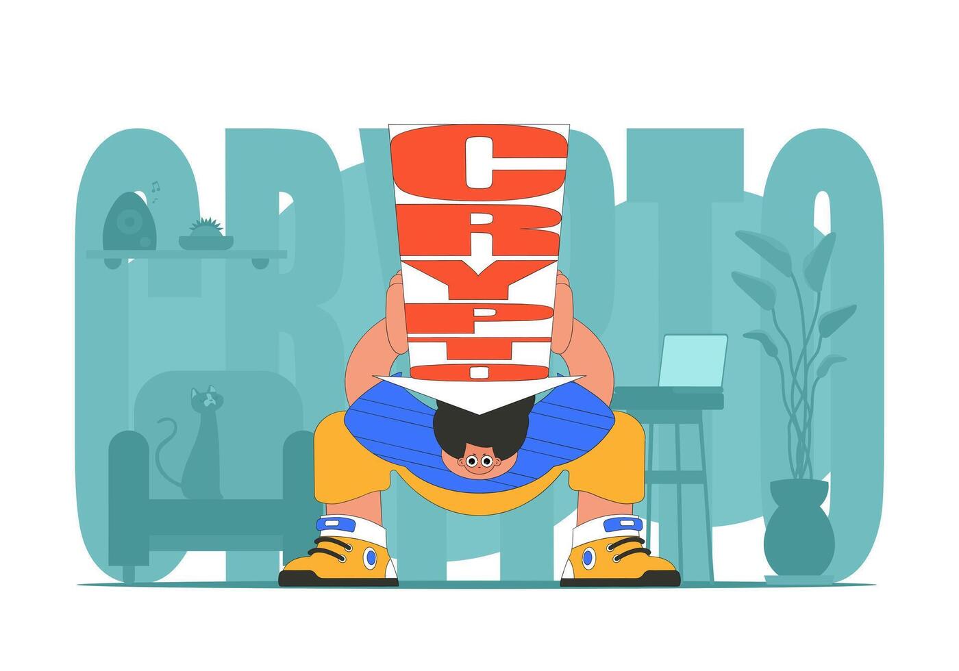 A man holds a falling cryptocurrency. positive character. Cryptocurrency and fiat exchange concept. vector
