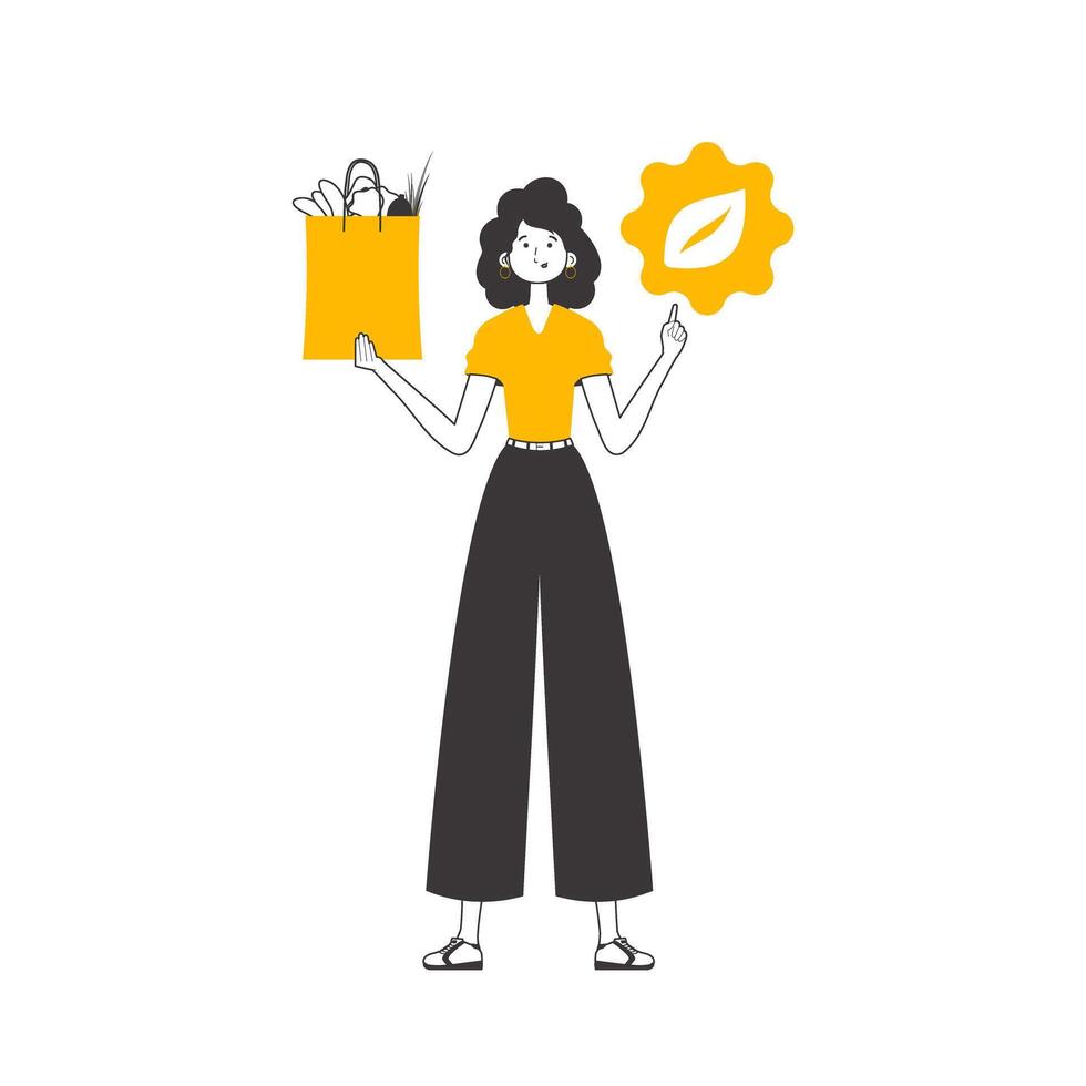 Girl, package with products and eco logo. The concept of reasonable consumption. Lineart style. Isolated on white background. illustration. vector