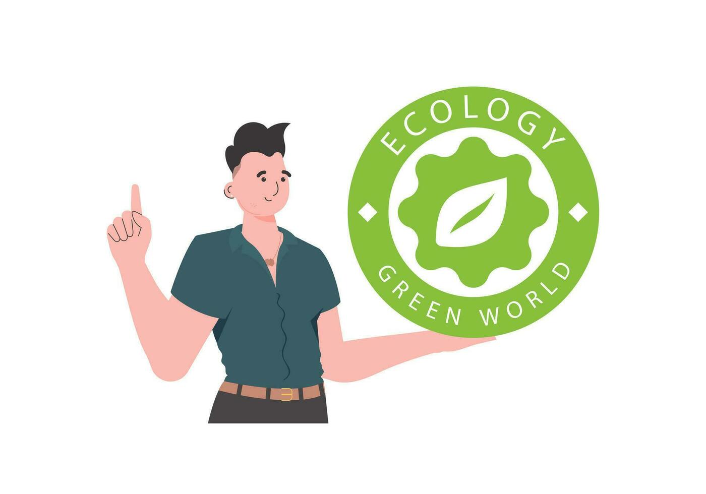 A man holds the ECO logo in his hands. The character is depicted to the waist. The concept of green energy and ecology. Isolated on white background. Vector trend illustration.