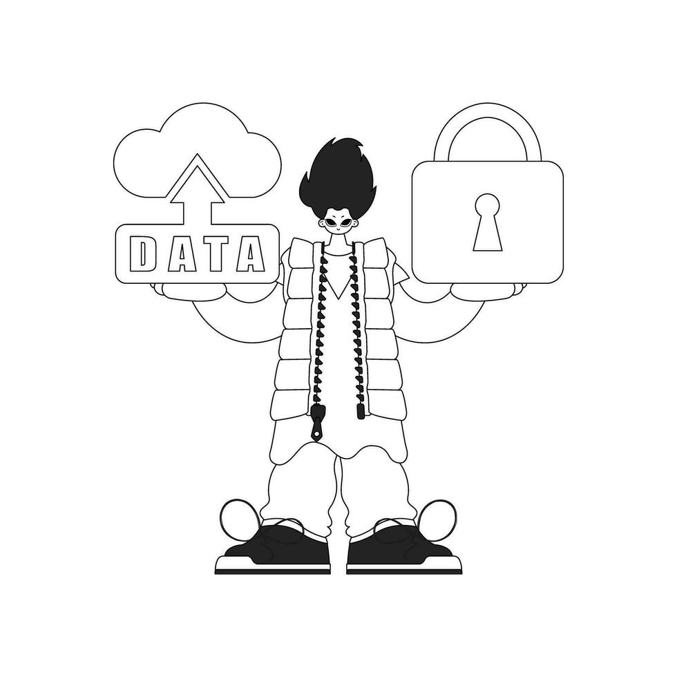 Guy with a cloud storage logo for the Internet of Things, drawn in linear vector style