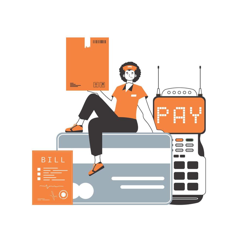 A man sits on a bank card and holds a parcel. Delivery concept. Linear style. Isolated on white background. illustration. vector