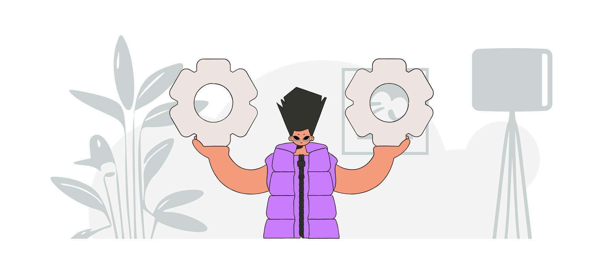 An elegant guy holds gears in his hands. Idea concept. trendy character. vector