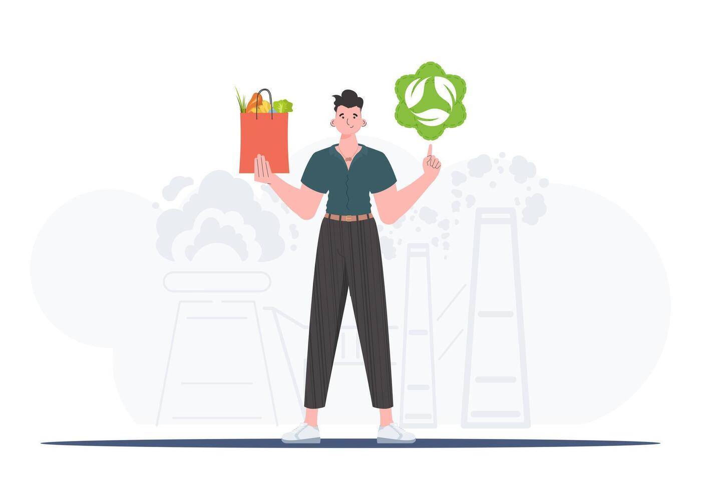 A full-length man is shown holding an EKO icon and a package of proper nutrition. The concept of ecology, zero waste and healthy eating. Trend illustration. vector