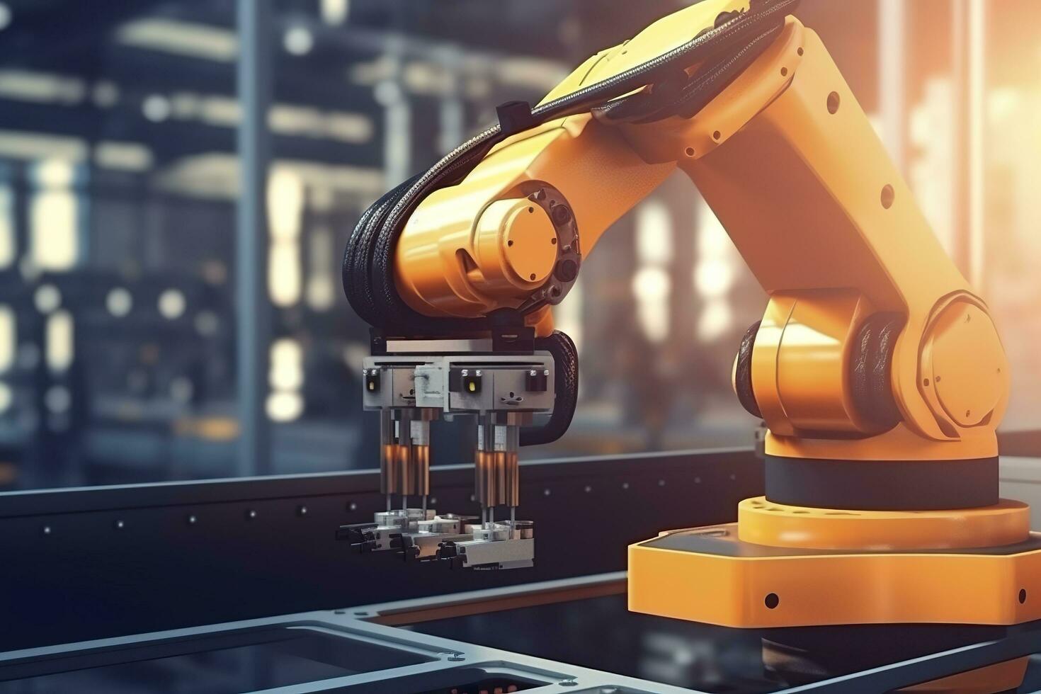 Arm robot working with Screen monitor control industrial machine robot arm line. Generative AI photo